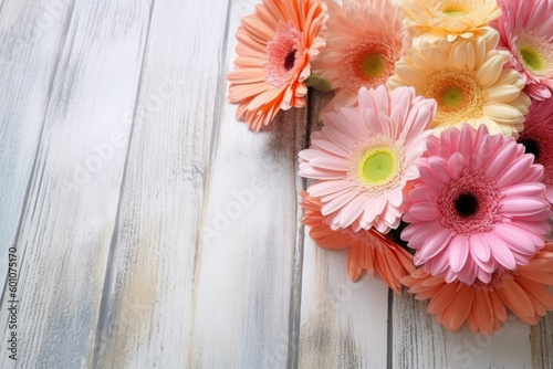 Colorful gerbera daisy bouquet on white wooden background, copy space for text. Pink, orange, red flowers. Floral greeting card mock-up for Mother's Day, Valentine's, Wedding invitation. Generative AI