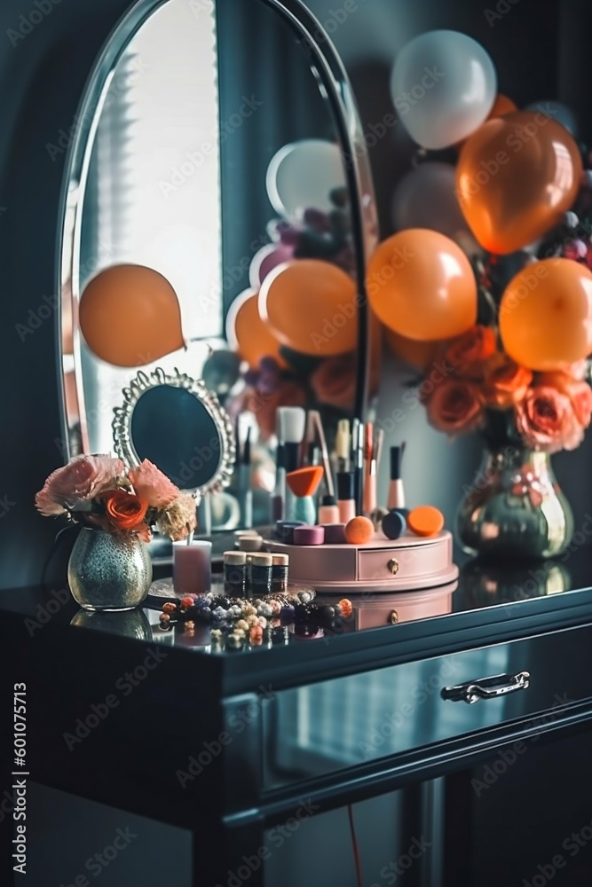 Modern Woman's Dressing Table with Mirror, Balloons, Perfume, Jewelry, Flowers, Cosmetics. Generative AI
