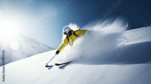 skiing man on a snow clad mountain photo