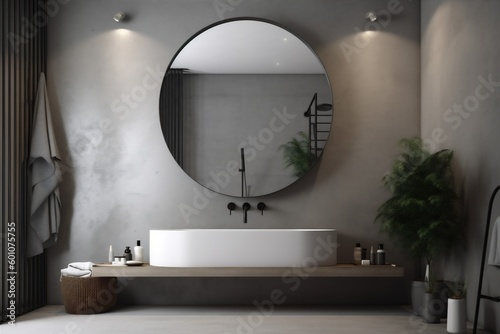 luxury mirror sink white concrete interior bathroom room design gray home. Generative AI.