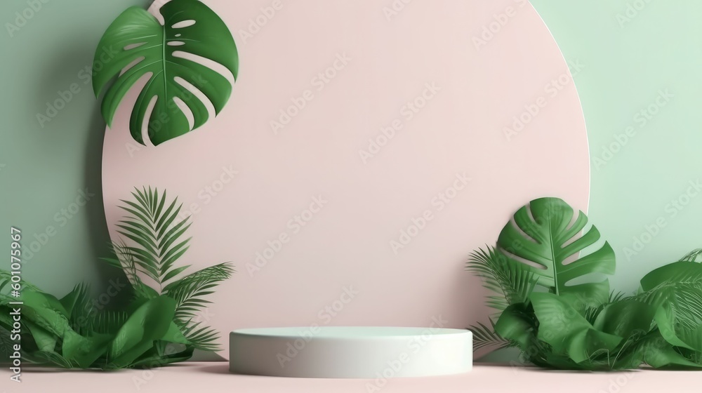 Mockup scene with white round podium in green and pink Mockup scene with white round podium in green and pink