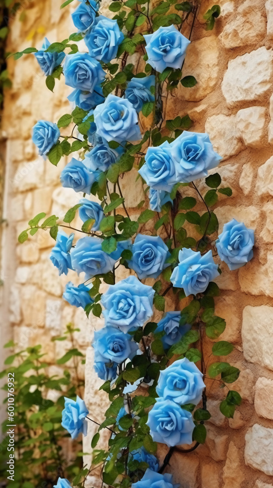 Climbing blue roses on the wall Sunny weather. AI generative