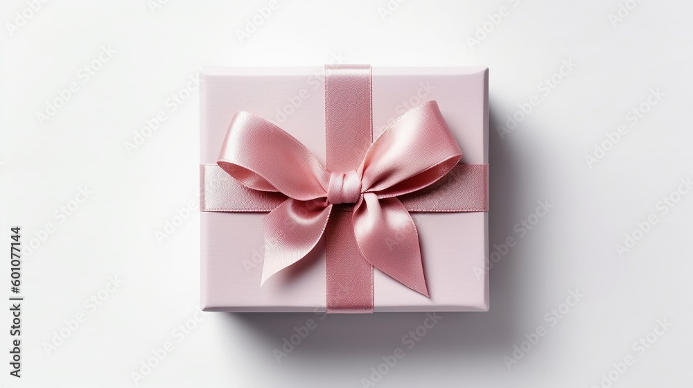 Gift box with satin ribbon and bow on whitebackground. Holiday gift with copy space. Birthday or Christmas present, flat lay, top view. Christmas giftbox concept. Gift box with satin ribbon and bow on whitebackground. Holiday gift with copy space. Birthday or Christmas present, flat lay, top view. Christmas giftbox concept.