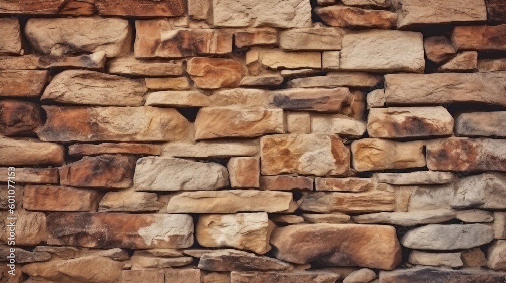 Old stone wall background. Rock texture. Light brown gray grunge background. Generative AI.

