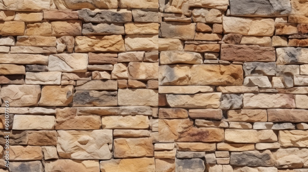 Old stone wall background. Rock texture. Light brown gray grunge background. Generative AI.

