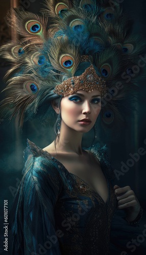 Beautiful peacock woman dressed in blue and green feathers  looking amazing. Generative AI illustrations