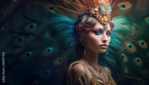 Beautiful peacock woman dressed in blue and green feathers, looking amazing. Generative AI illustrations
