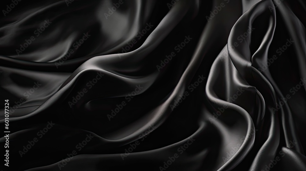 Fototapeta premium Abstract black background. Black silk satin texture background. Beautiful soft folds on the fabric. Generative AI.