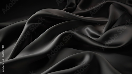 Abstract black background. Black silk satin texture background. Beautiful soft folds on the fabric. Generative AI.