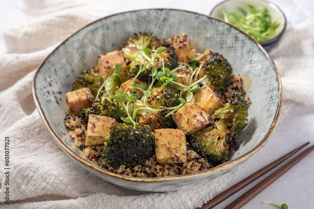 Homemade Quinoa Tofu Bowl with Roasted Broccoli and Herbs