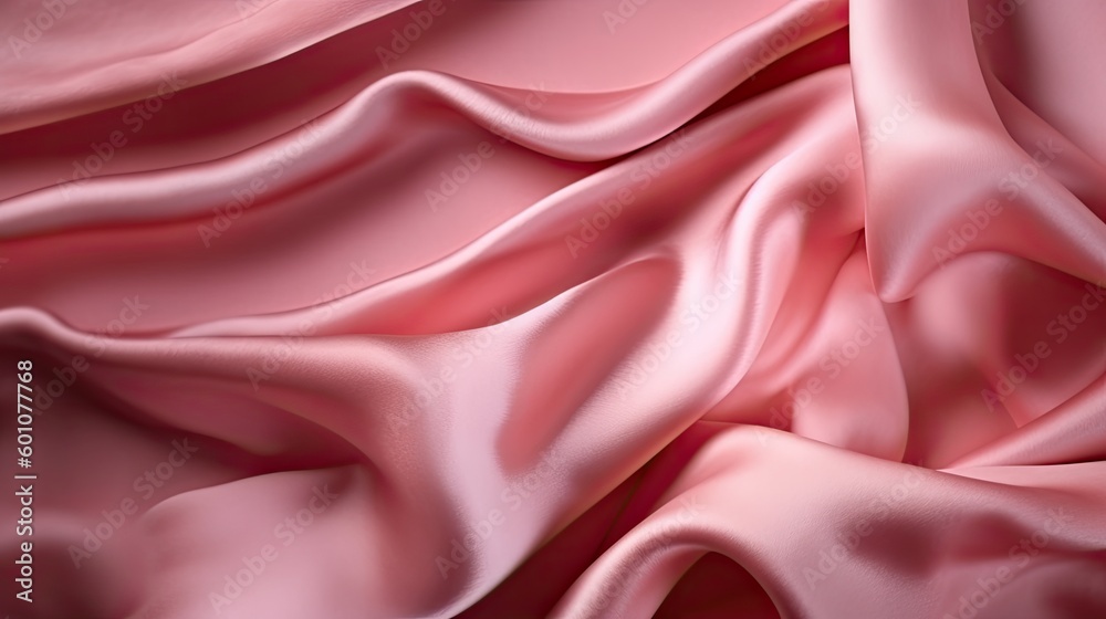 Obraz premium Pink silk satin background. Soft wavy folds on the fabric. Wedding, anniversary, valentine, love, tender, holiday, celebration, card. Generative AI.