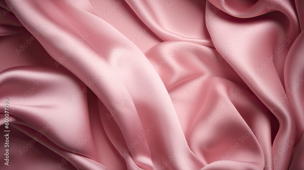 Obraz premium Pink silk satin background. Soft wavy folds on the fabric. Wedding, anniversary, valentine, love, tender, holiday, celebration, card. Generative AI.