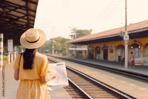 Young woman in elegant hat using generic local map of new city at station