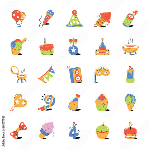 Pack of Birthday Equipment Flat Icons 

