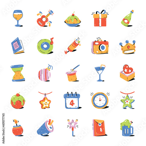 Set of Birthday Accessories Flat Icons