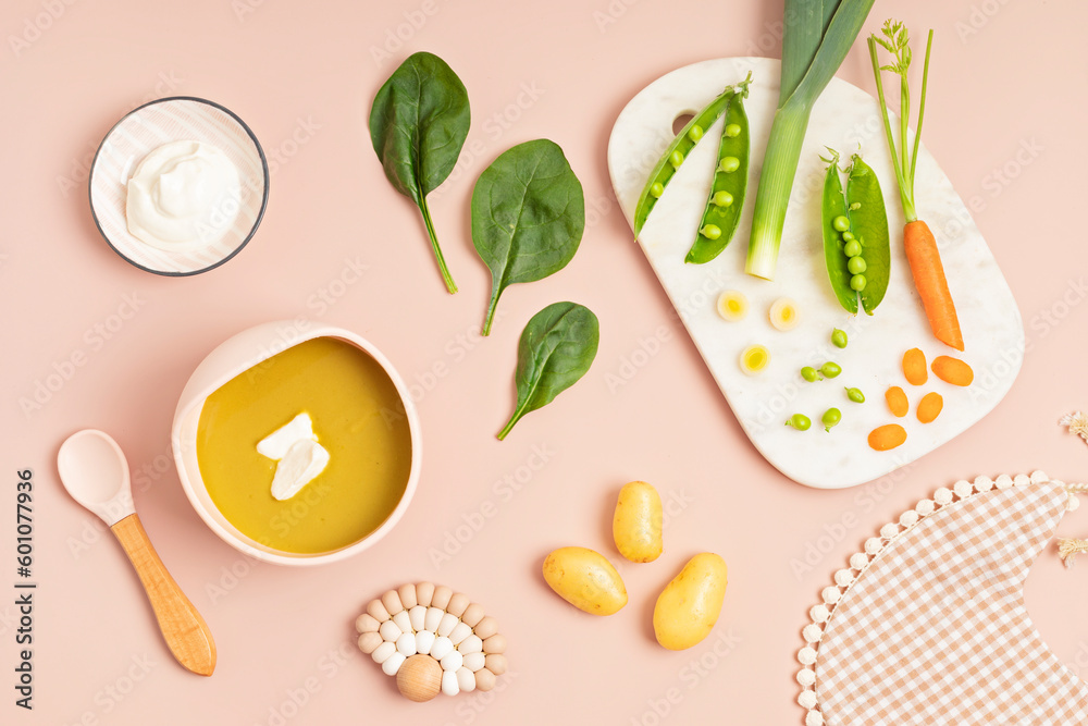 Baby puree recipe made of fresh vegetables. First baby solid food