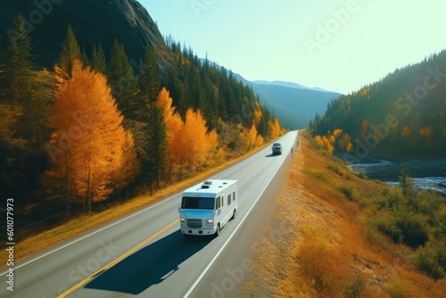 Bus driving on two-lane highway stretching in highland with lush forests photo