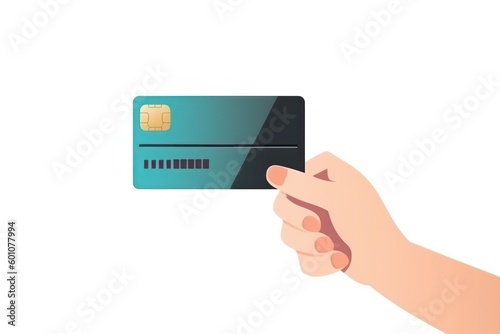 Illustration of woman hand holding credit card with number on white background