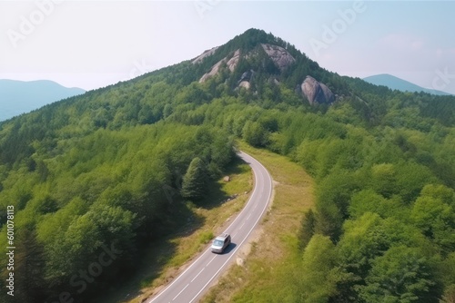 Car driving on two-lane asphalt freeway to rocky peak of forestry mountain photo
