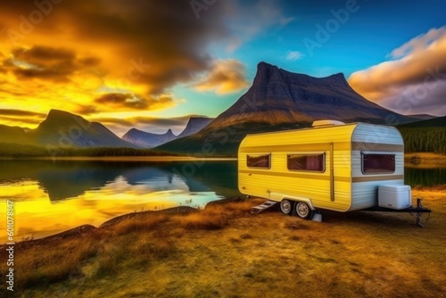 Motor-home standing on bank of lake with reflection of illuminated sky on water surface photo