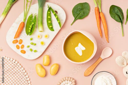 Baby puree recipe made of fresh vegetables. First baby solid food recipe idea. Top view,  flat lay photo