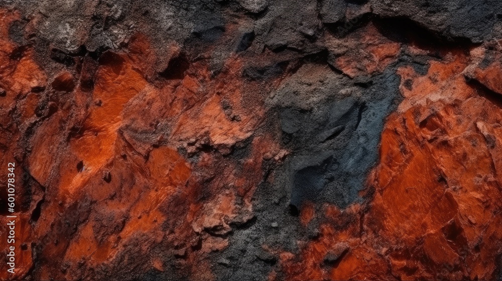 Black red grunge background. Fragment of a mountain close-up. Rusty rough stone surface. Generative AI.