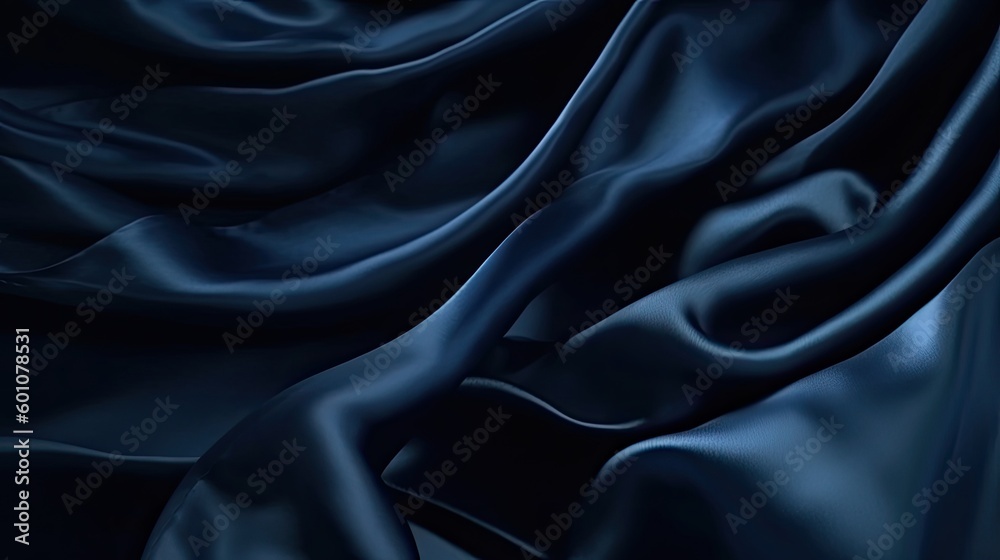Fototapeta premium Navy blue elegant abstract background. Silk satin fabric with nice folds. Beautiful dark blue background with wavy lines. Copy space. Generative AI.