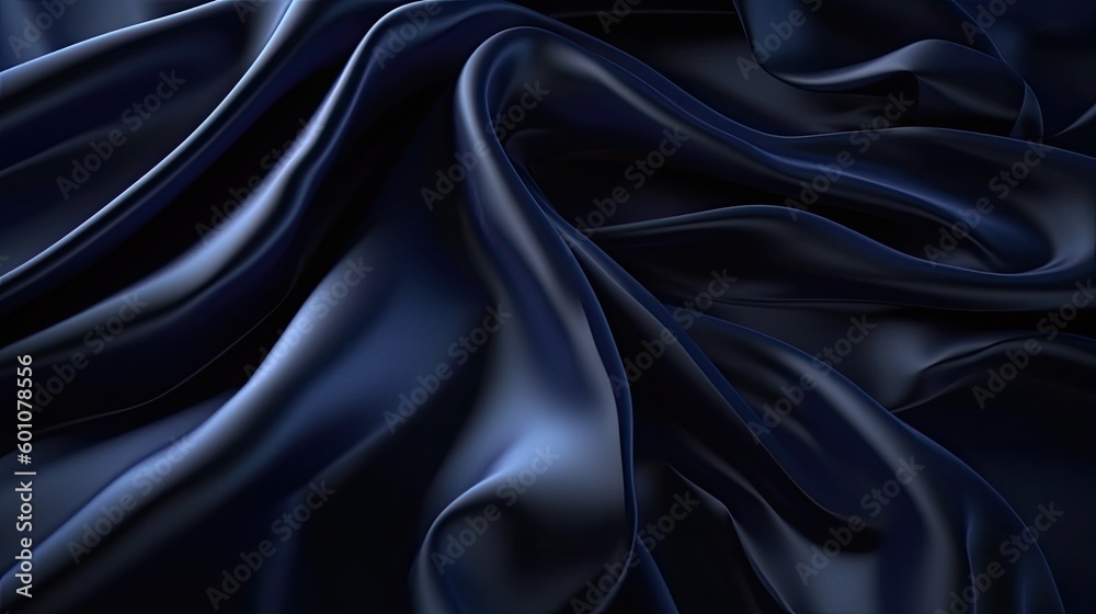 Obraz premium Navy blue elegant abstract background. Silk satin fabric with nice folds. Beautiful dark blue background with wavy lines. Copy space. Generative AI.