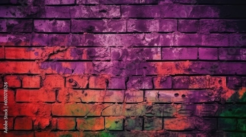 Magenta purple red brown green old brick wall. Toned colorful grunge background. Space. Design. Cracked, broken, crumbled. Color gradient. Horror, spooky, creepy, scary, frightening. Generative AI。