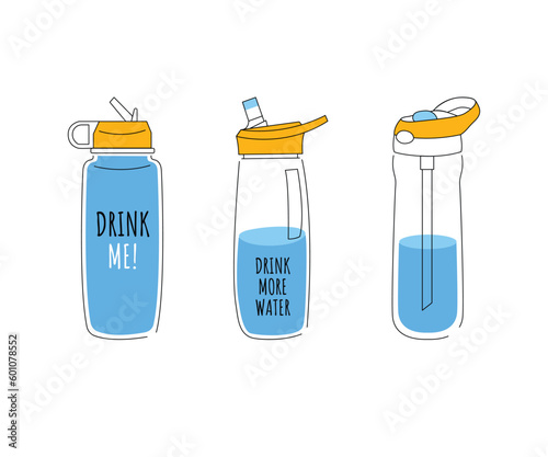 Take your water bottle. Refillable glass, plastic or metal bottles. Vector illustration in trendy style. Zero waste concept, reasonable consumption, zero plastic.