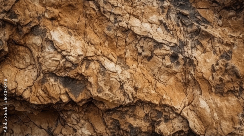 Brown rock texture with cracks. Rough mountain surface. Close-up. Stone background for design. Generative AI.