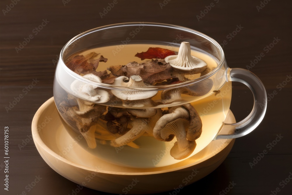 Glass cup with hot mushroom tea standing on plate on black background Glass cup with hot mushroom tea standing on plate on black background