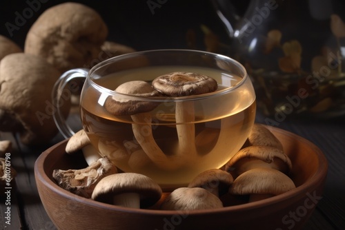 Hot aromatic mushroom tea poured into glass cup standing on heap of mushrooms in bowl