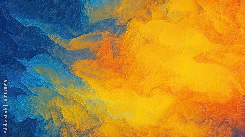 Blue orange yellow abstract background. Toned rock texture background with copy space for design. Wide banner. Bright, vibrant, beautiful, colorful, beauty, fashion. Ice fire. Generative AI.