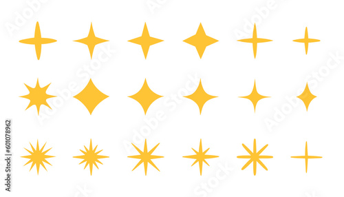 Yellow sparkles set  vector sparkling stars  shiny flashes of fireworks. Set of star elements of various shapes.