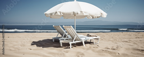 Relax and enjoy the view of the endless ocean from two beach chairs under the shade of umbrellas is AI Generative.