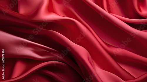 Red silk satin background. Shiny fabric with wavy soft pleats. Beautiful fabric background with empty space for your product and design. Generative AI.