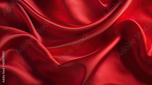 Red silk satin background. Shiny fabric with wavy soft pleats. Beautiful fabric background with empty space for your product and design. Generative AI.