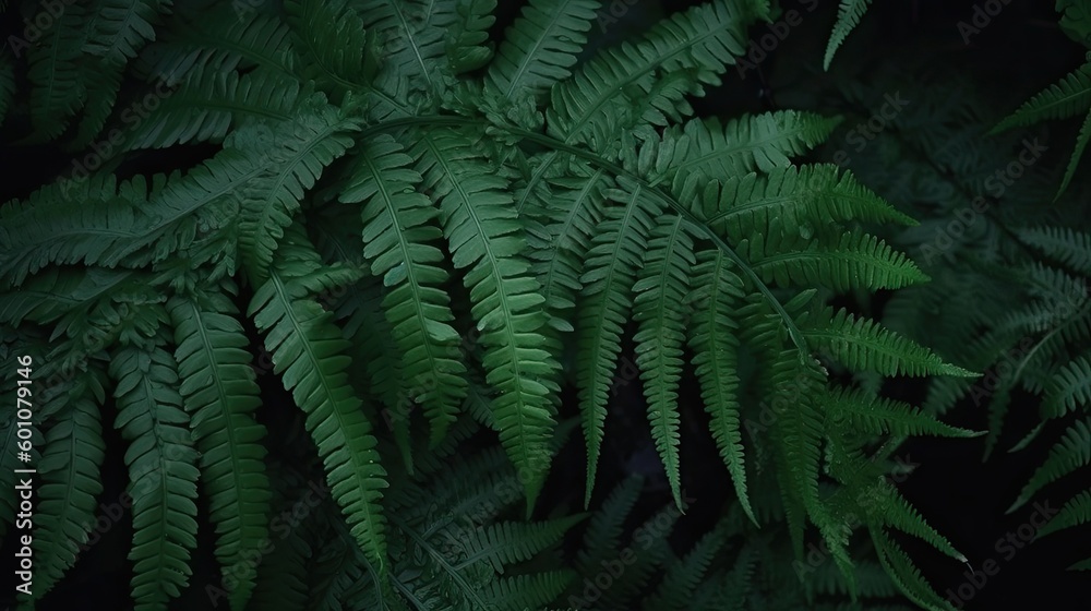 Beautiful dark green nature background. Fern leaves. Black green background for design. Web banner. Website header. Exotic plants. Close-up. Generative AI.