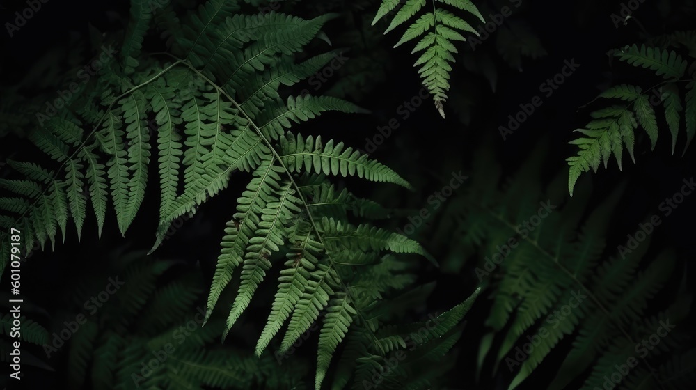 Beautiful dark green nature background. Fern leaves. Black green background for design. Web banner. Website header. Exotic plants. Close-up. Generative AI.