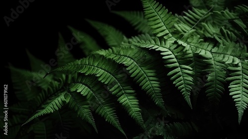 Beautiful dark green nature background. Fern leaves. Black green background for design. Web banner. Website header. Exotic plants. Close-up. Generative AI.