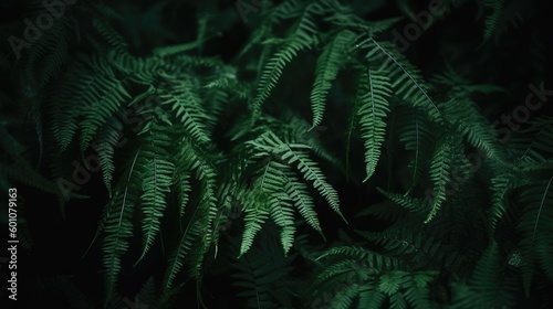 Beautiful dark green nature background. Fern leaves. Black green background for design. Web banner. Website header. Exotic plants. Close-up. Generative AI.