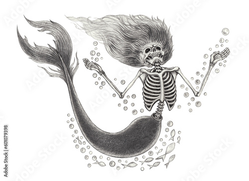 Fantasy mermaid skull. Hand drawing on paper.