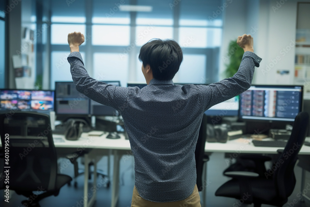 Excited asian people back view in the office standing. AI generative Excited asian people back view in the office standing. AI generative