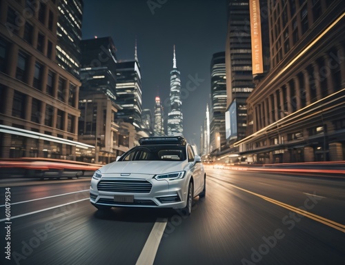 a self-driving car navigating a busy city street ai generated