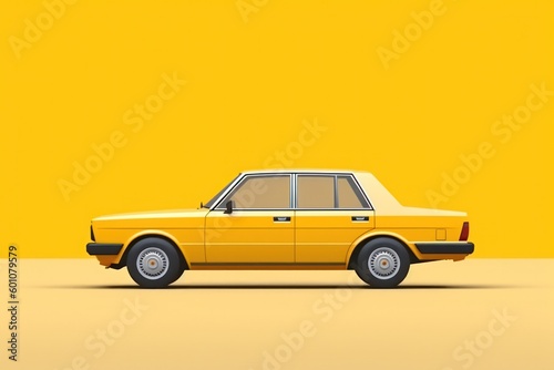 Yellow taxi car with dark shadow on bright smooth orange background