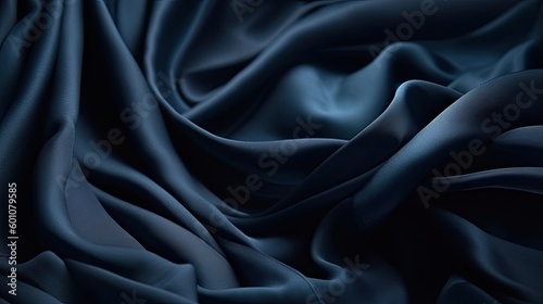 Beautiful dark blue fabric background. Wavy soft folds. Elegant navy blue background with copy space for design. Generative AI。