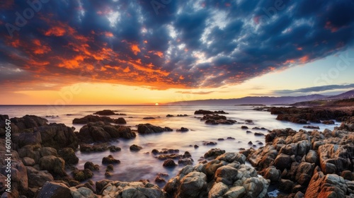 Beautiful sunrise on rocky shore and dramatic sky clouds
