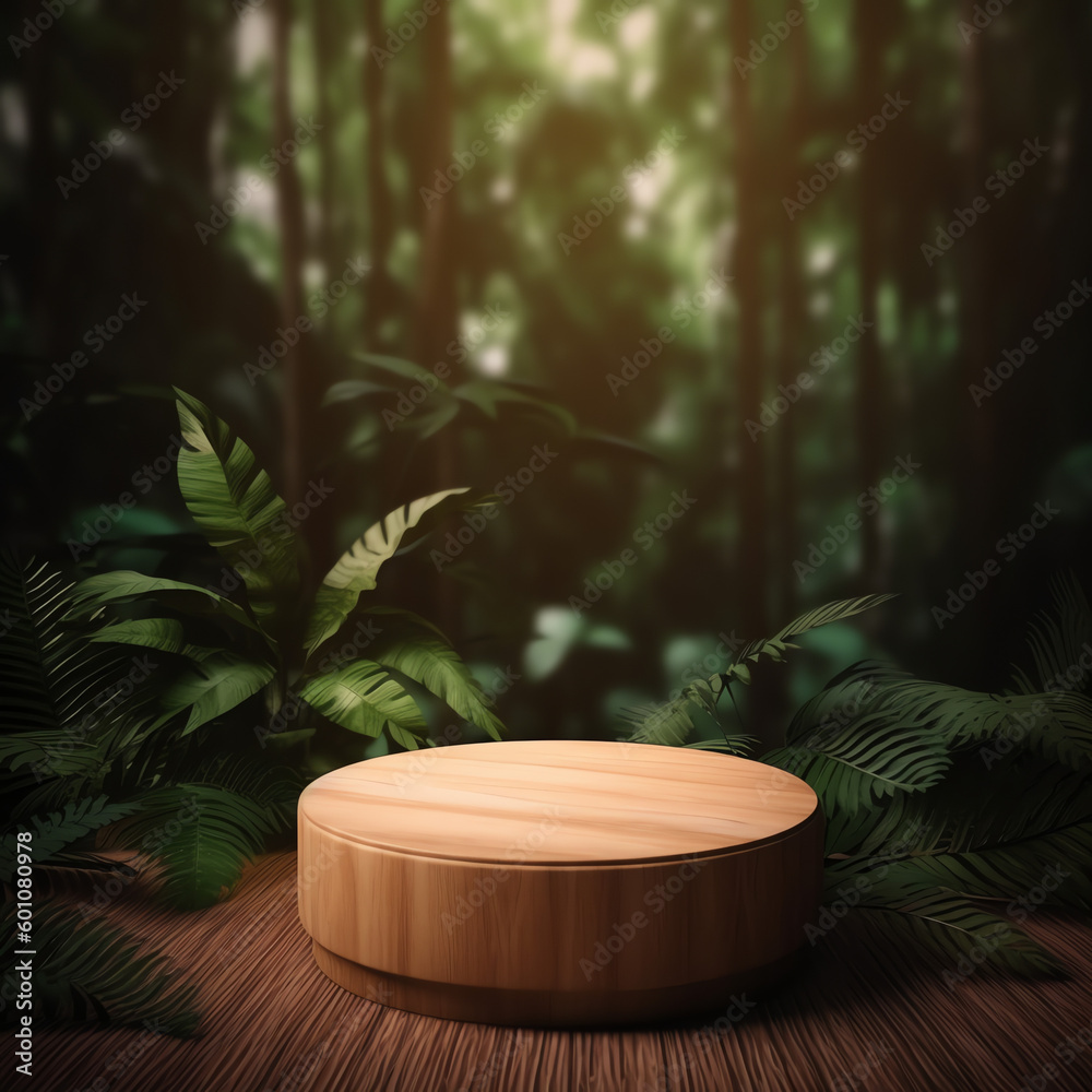 Wooden product display podium with blurred nature leaves background