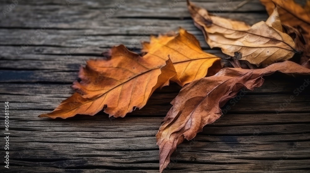 Orange brown fallen dry twisted leaves lie on an old cracked wooden surface. Autumn concept. Seasonal background. Generative AI. Orange brown fallen dry twisted leaves lie on an old cracked wooden surface. Autumn concept. Seasonal background. Generative AI.